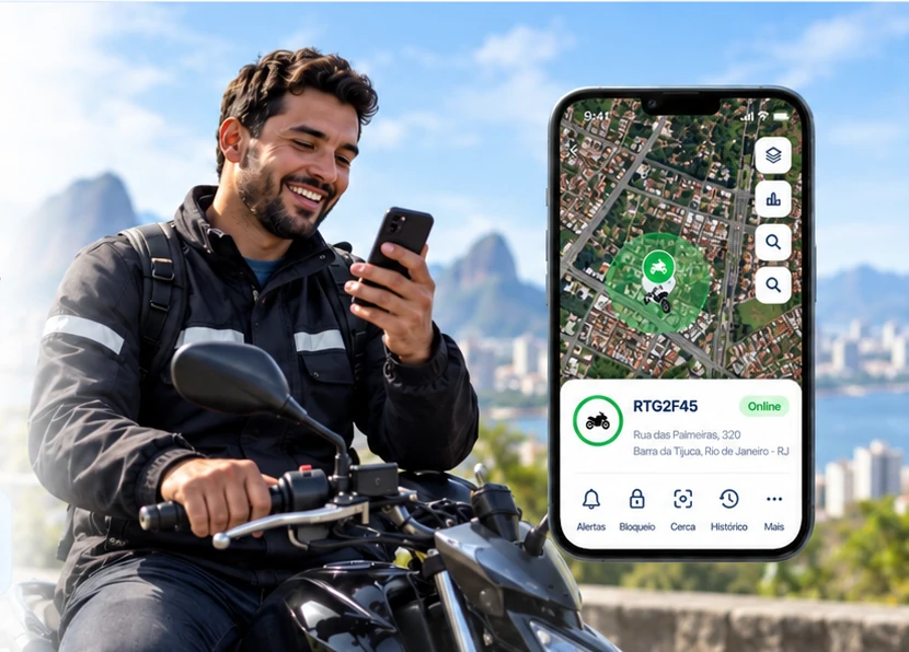 Motociclista com a moto e uma visualização ilustrativa do rastreador com mapa de satélite